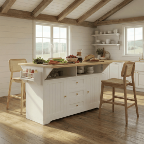 Large Kitchen Island with 2 Drop Leaf,Rolling Kitchen Cart on 5 Wheels with Power Outlet,Folding Storage Dining Table with Spice & Towel Rack