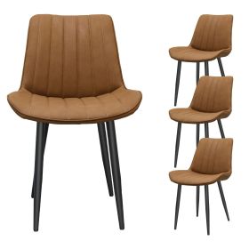 Brown PU Leather Dining Chair with Metal Legs, Wave Pattern Upholstered Armless Chair Set of 4 for Kitchen, Restaurant, Living, Meeting Room