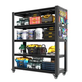 72"H 5 Tier Adjustable Shelving with Pegboard and Wheel, Heavy Duty Storage Shelves, Metal Shelving Unit Multipurpose Shelf for Warehouses, Garag